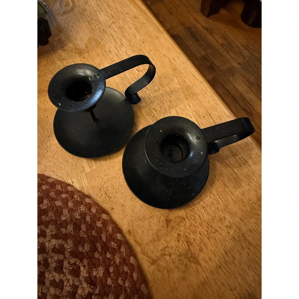 Chamberstick Candle Holder Set OS Black Good Primitive Metal Loop Handle